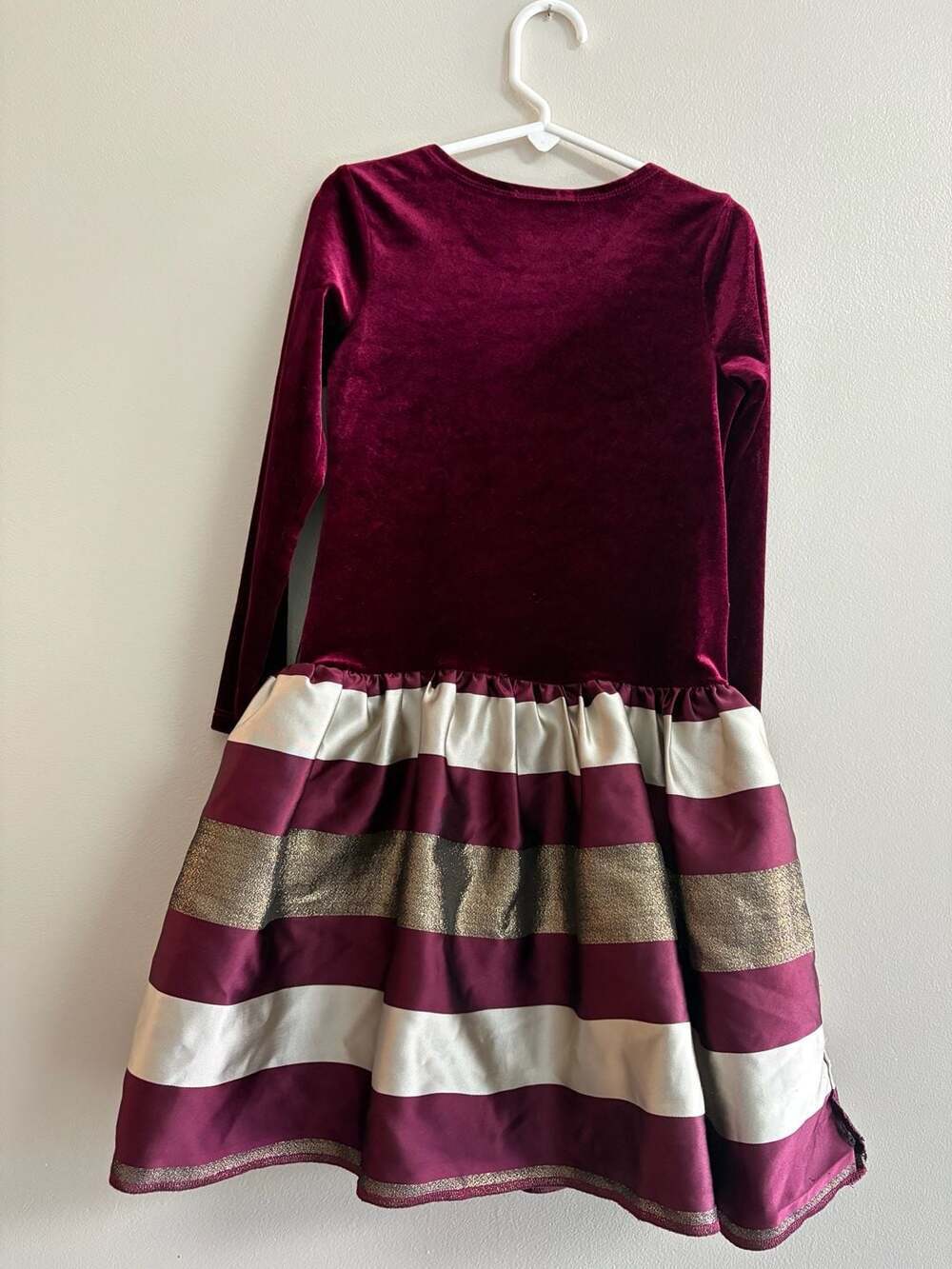 Bonnie Jean Burgundy Velvet and Striped Taffeta Holiday Dress with Gold Waist Bo - Picture 3 of 3